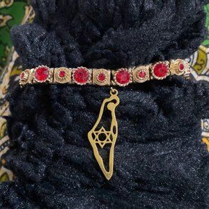map of Israel bracelet w. ruby red rhinestones + gold on elastic